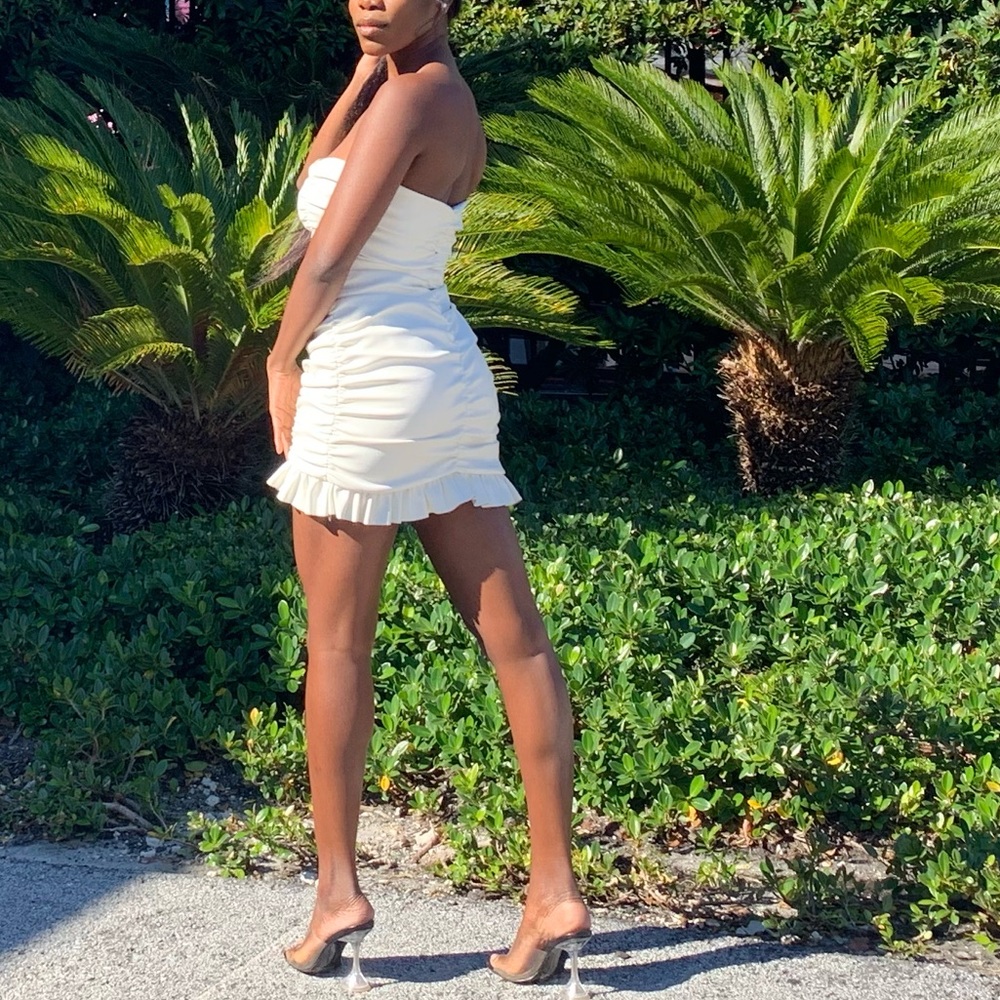 White ruched PU leather dress
